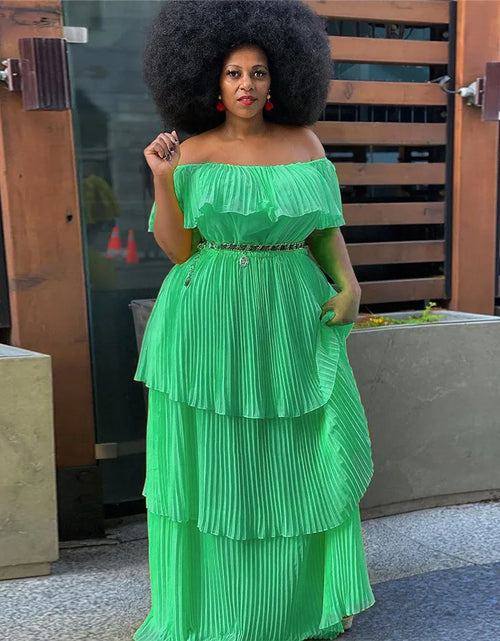 Load image into Gallery viewer, Plus Size  Dress Women Solid Off Shoulder Pleated  Fashion Chiffon Maxi Dresses
