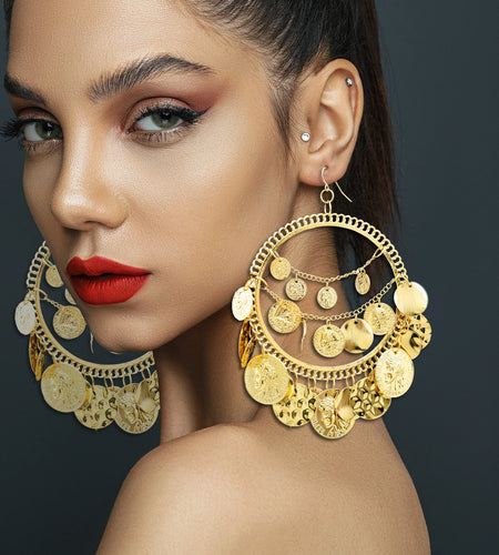 Vintage Tribal Coins Big Hoop Banjara Belly Dance Gypsy Earrings