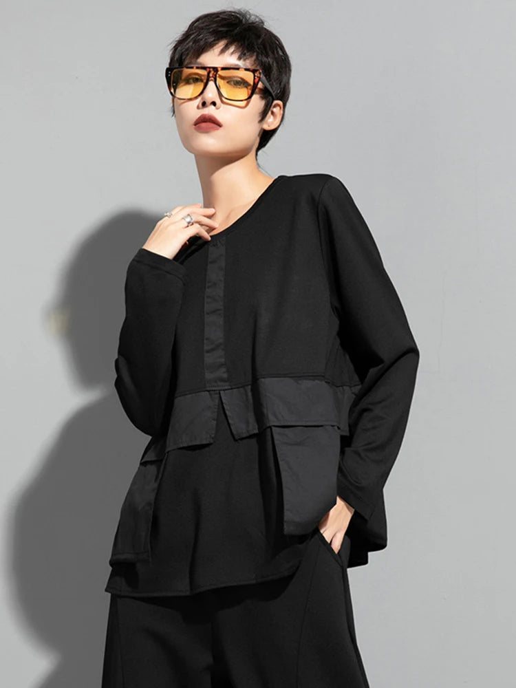 Women Black Pocket Spliced Big Size Casual T-shirt New Round Neck Long Sleeve Fashion Tide Spring 2025