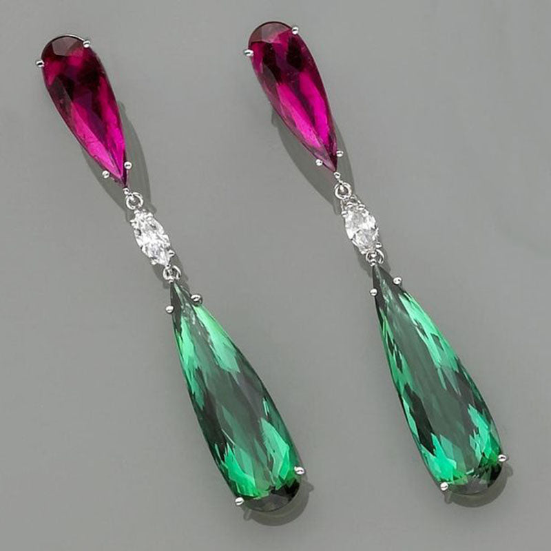 Luxury Green Zircon Drop Shape Boho Earrings for Women Fashion Engagement Jewelry Long Purple Stone Dangle Earrings