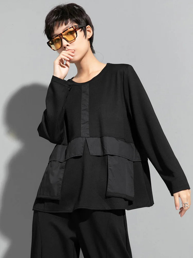 Women Black Pocket Spliced Big Size Casual T-shirt New Round Neck Long Sleeve Fashion Tide Spring 2025