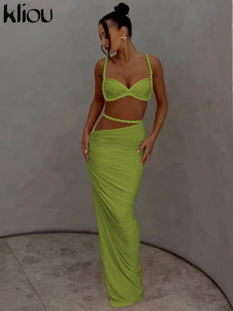 Woven Sexy Women 2 Piece Set Stunning Hot Solid Pleated Crop Camisoles High Waist Maxi Skirt