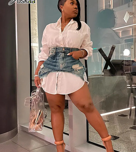 Solid Lapel Long Sleeve Single Breasted Shirt Dress and Irregular Denim Skirt