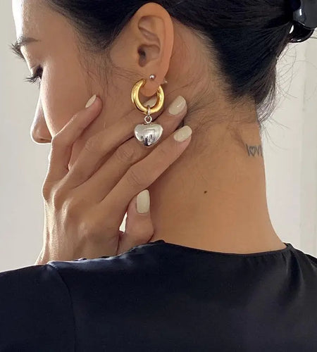 Statement Minimalist Gold Silver Color Mixed Solid Heart Pendant Hoop Earrings