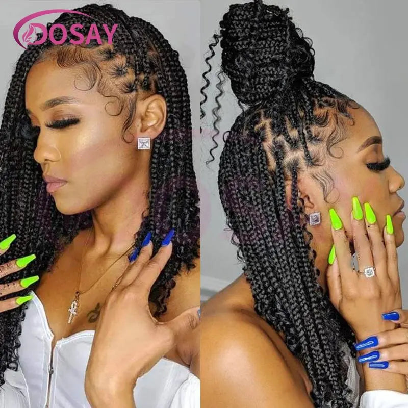 12" Synthetic Short Bohemian Boho Braided Wigs Full Lace Front Braiding Wig For Black Women Curly Knotless Bob Braids Locs Wigs