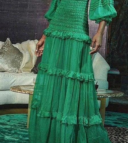 Elegant Long Dress Women Spring  Stand Collar Lantern Sleeve Dress Female Ruffle Tiered Maxi Dress  2025