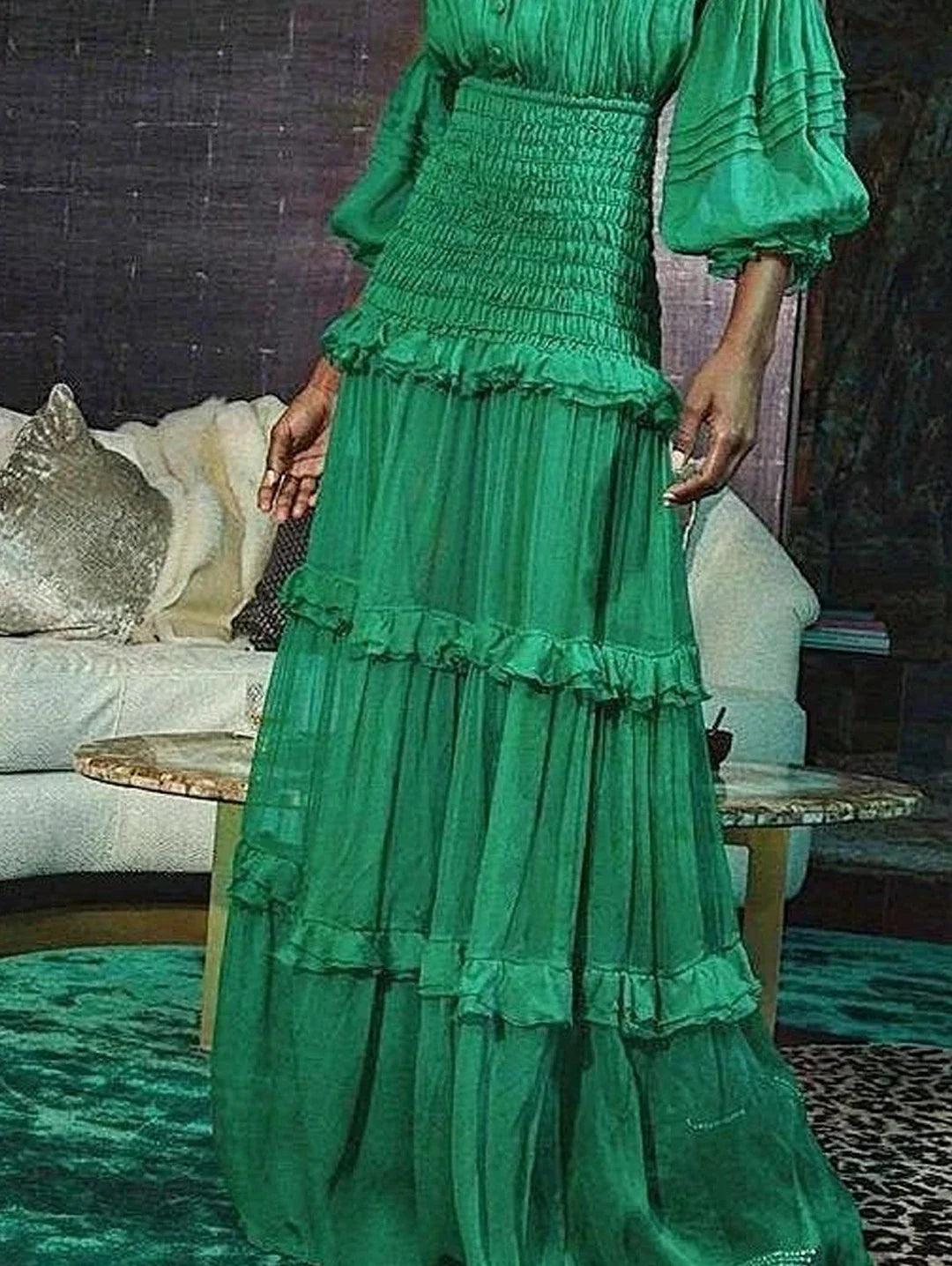 Elegant Long Dress Women Spring  Stand Collar Lantern Sleeve Dress Female Ruffle Tiered Maxi Dress  2025