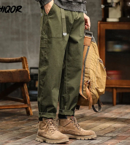 Men's Loose Fit Cargo Trousers Army Green Casual Vintage Style Zip Fly Full Length Pants Midweight Cotton Elastic Waist