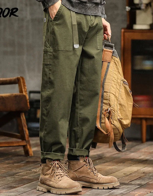 Load image into Gallery viewer, Men's Loose Fit Cargo Trousers Army Green Casual Vintage Style Zip Fly Full Length Pants Midweight Cotton Elastic Waist
