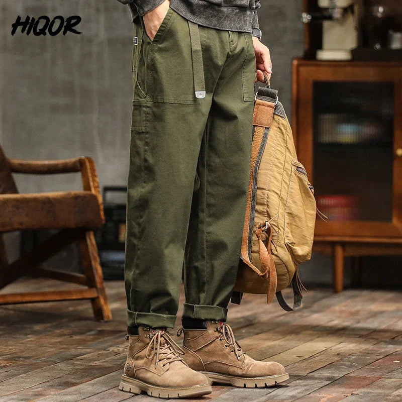 Men's Loose Fit Cargo Trousers Army Green Casual Vintage Style Zip Fly Full Length Pants Midweight Cotton Elastic Waist