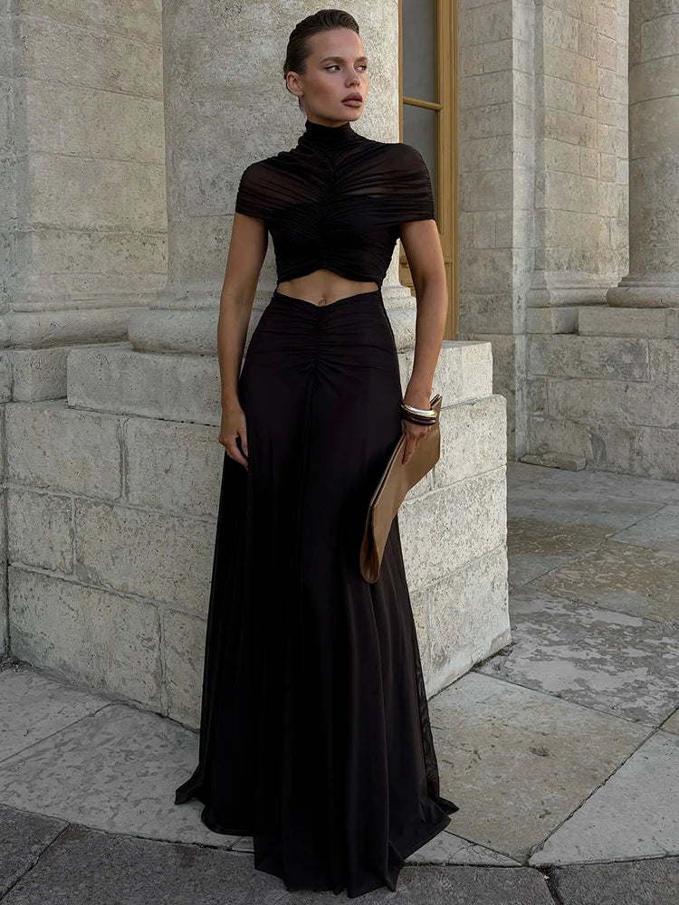 Hollow Out Short Sleeve Sexy Maxi Dress Women Fashion O Neck  High Waist Bodycon Club Party Long Dress