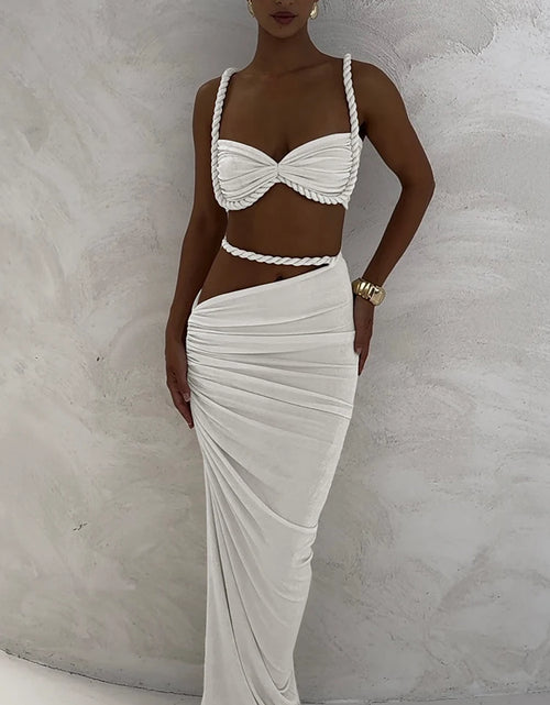 Load image into Gallery viewer, Woven Sexy Women 2 Piece Set Stunning Hot Solid Pleated Crop Camisoles High Waist Maxi Skirt

