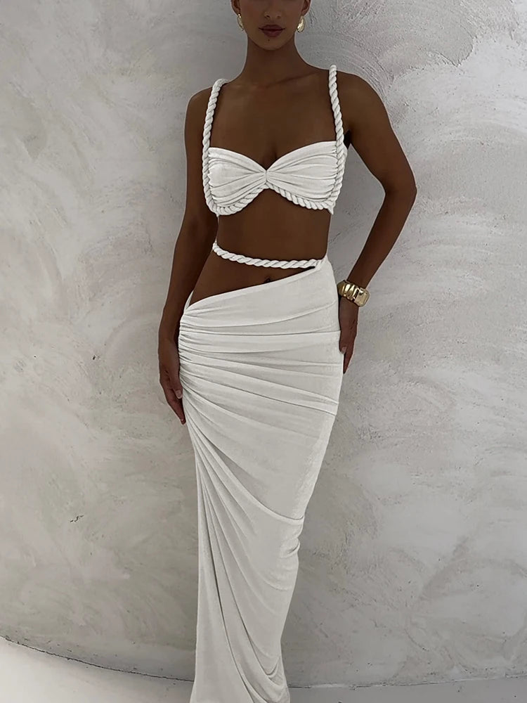 Woven Sexy Women 2 Piece Set Stunning Hot Solid Pleated Crop Camisoles High Waist Maxi Skirt
