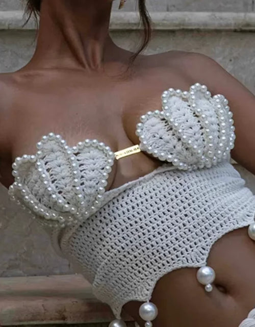 Load image into Gallery viewer, Crochet Knitted Pearl Bra Skirt Set ,Backless Hollow Out Short Top Twists Long Skirt

