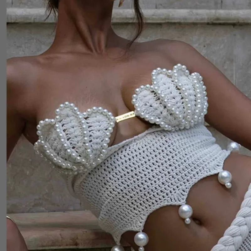 Crochet Knitted Pearl Bra Skirt Set ,Backless Hollow Out Short Top Twists Long Skirt