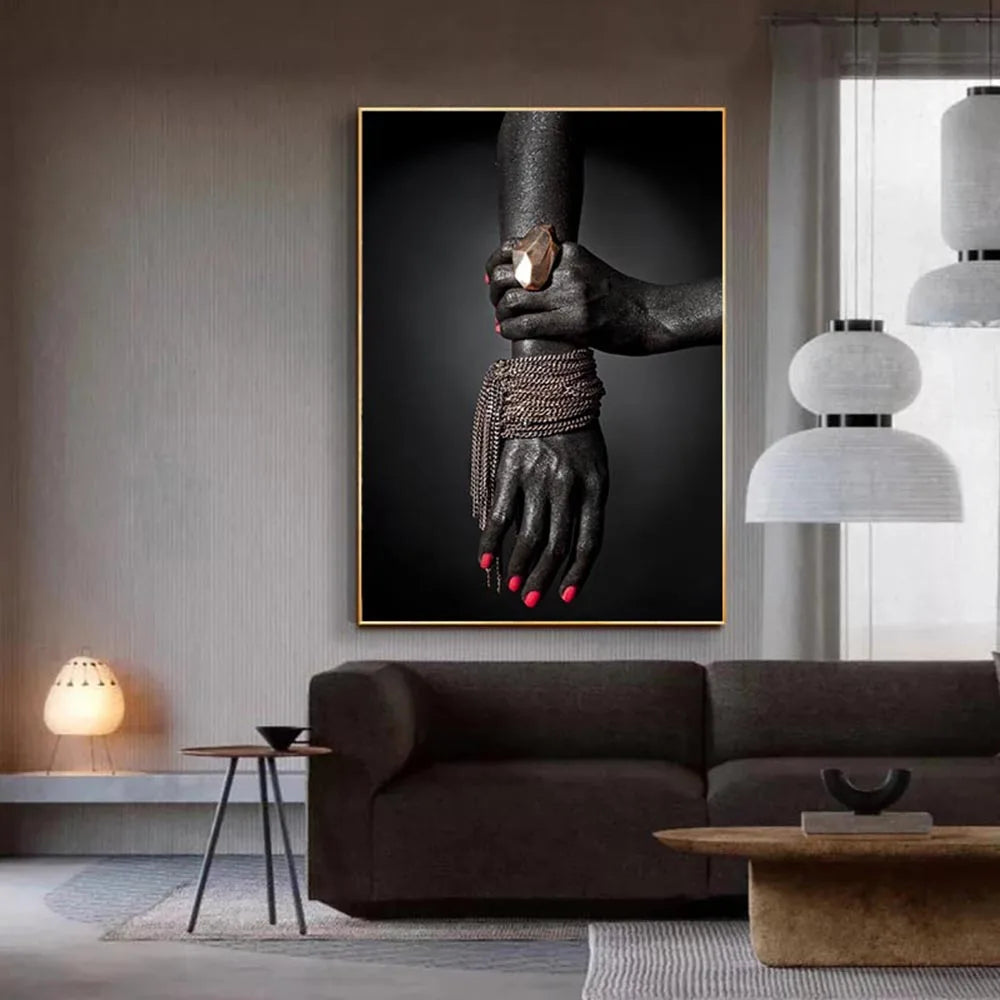 African Art Black and Gold Hand With Gold Gesture Canvas Painting Poster and Prints Wall Art Pictures for Living Room Home Decor