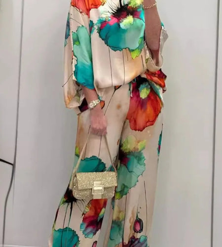 Casual Sets for Women 2 pieces Summer Fashion Printed Satin Two Piece Sets Women Sexy Round Neck Top+Wide Leg Long Pants Outfits