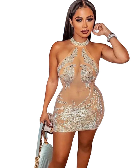Load image into Gallery viewer, Sexy Mesh Rhinestone Short Mini Dress  Diamond Bodycon Dresses

