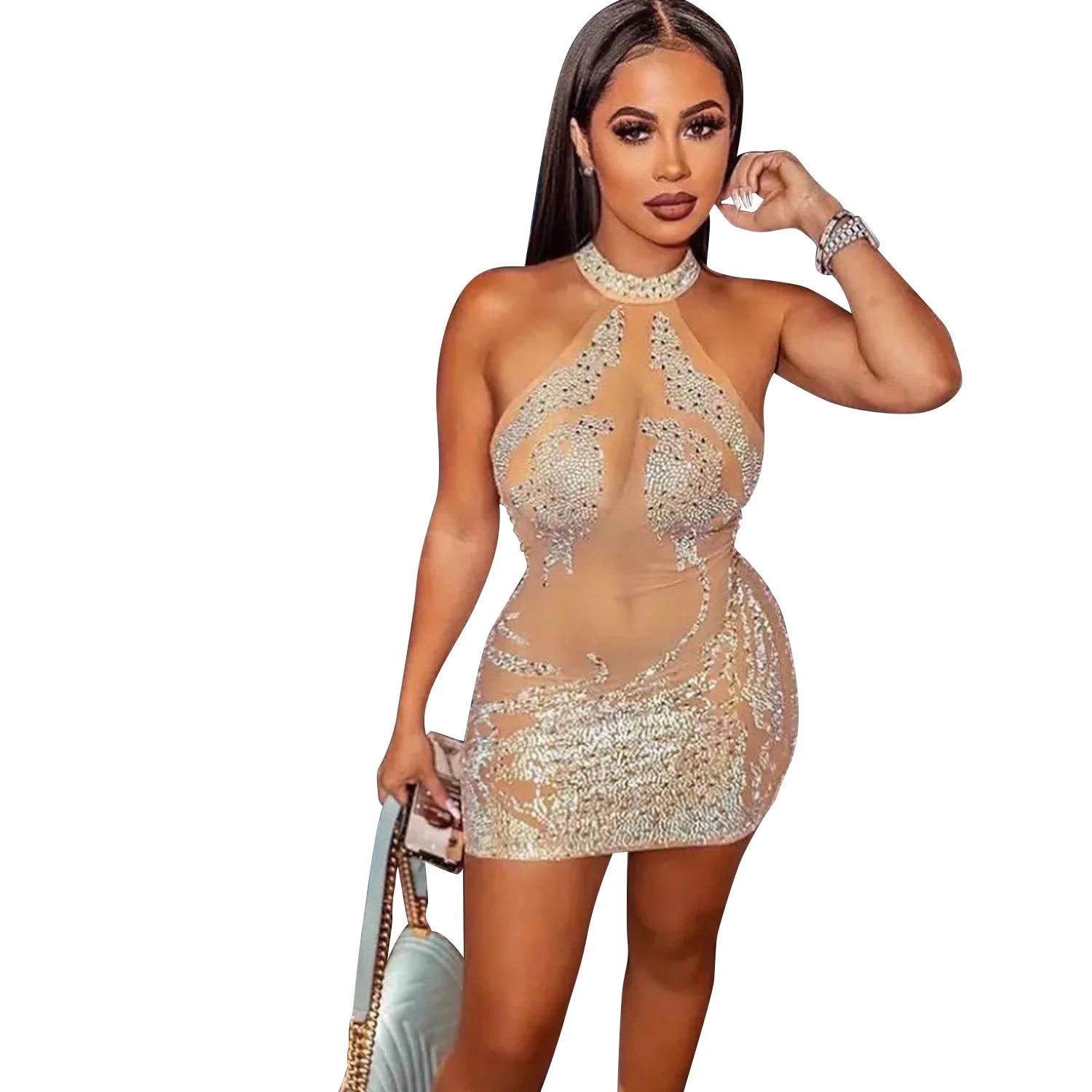 Sexy Mesh Rhinestone Short Mini Dress  Diamond Bodycon Dresses