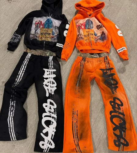 Retro Anime Print Oversized Hoodie And Trousers Set Men's  Casual Sweatshirt Suit Zipper Closure Cotton Blend