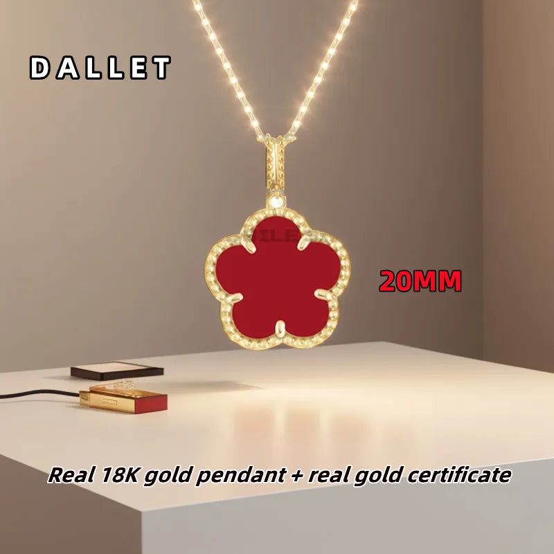 DALLET Real 18K Gold Necklace Pendant Women's New Five Petal Flower Natural Stone Fine Jewelry 20mm