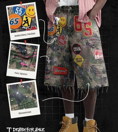 Y2K Men Hop Cartoon Graphics Loose Camo and Denim Casual Shorts