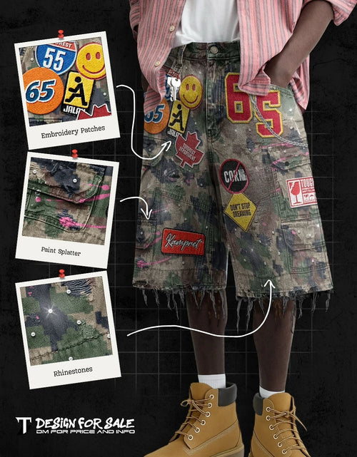 Load image into Gallery viewer, Y2K Men Hop Cartoon Graphics Loose Camo and Denim Casual Shorts
