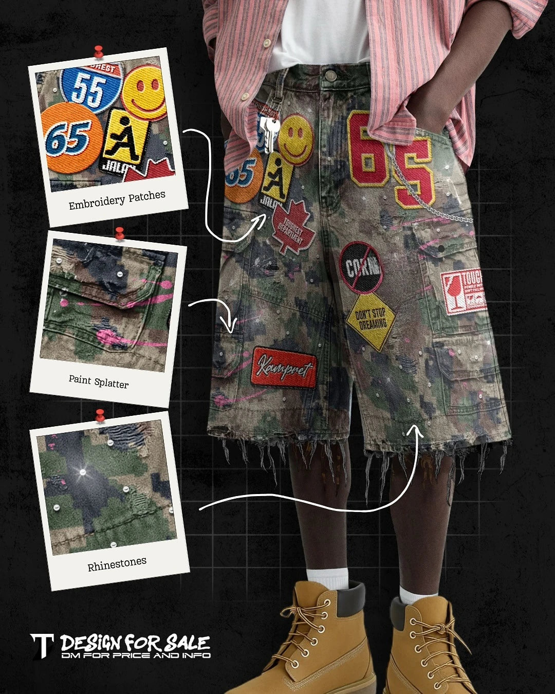 Y2K Men Hop Cartoon Graphics Loose Camo and Denim Casual Shorts