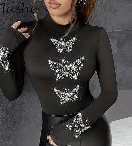 Fashion T shirts Woman  Butterfly Pattern Diamond Design Long Sleeve Shirts For Women Slim Tee