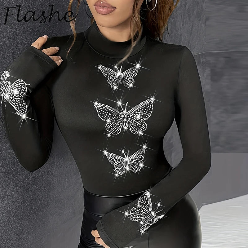 Fashion T shirts Woman  Butterfly Pattern Diamond Design Long Sleeve Shirts For Women Slim Tee