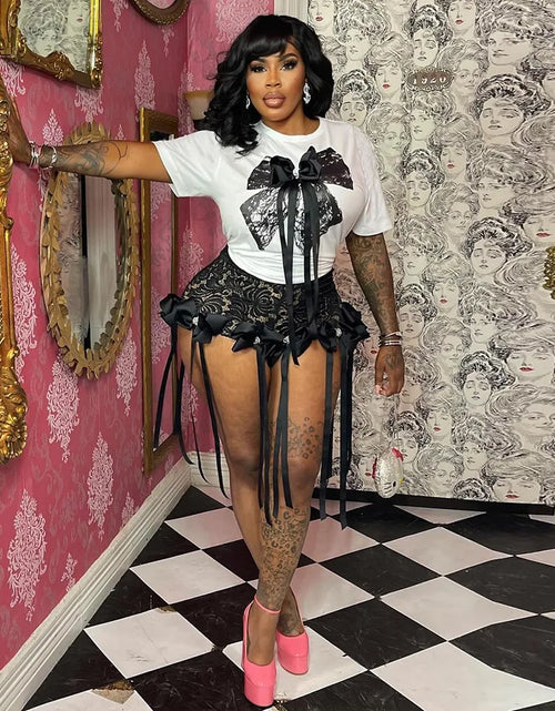 Load image into Gallery viewer, Women&#39;s Set Bow O-Neck short sleeve Tops and lace Shorts Set Casual Two 2 Piece Outfits
