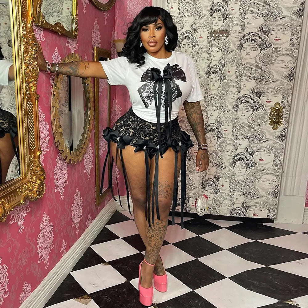 Women's Set Bow O-Neck short sleeve Tops and lace Shorts Set Casual Two 2 Piece Outfits
