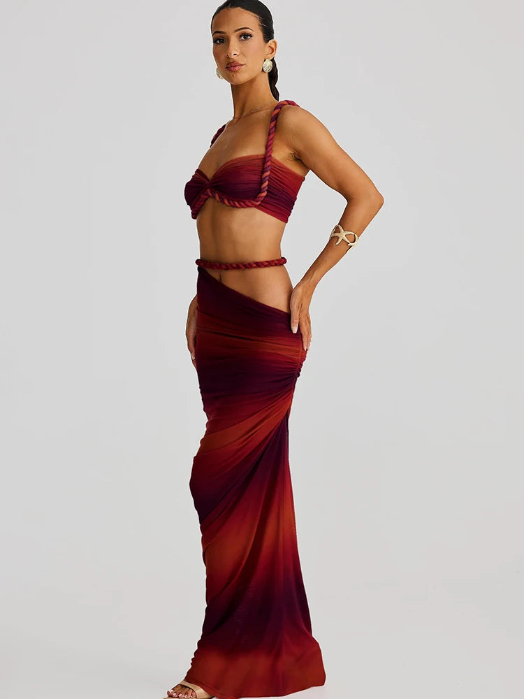 Woven Sexy Women 2 Piece Set Stunning Hot Solid Pleated Crop Camisoles High Waist Maxi Skirt