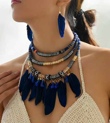 Fashion Vintage Ethnic Feather Choker Necklace Earrings Set For Women Multilayer