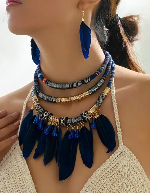 Load image into Gallery viewer, Fashion Vintage Ethnic Feather Choker Necklace Earrings Set For Women Multilayer
