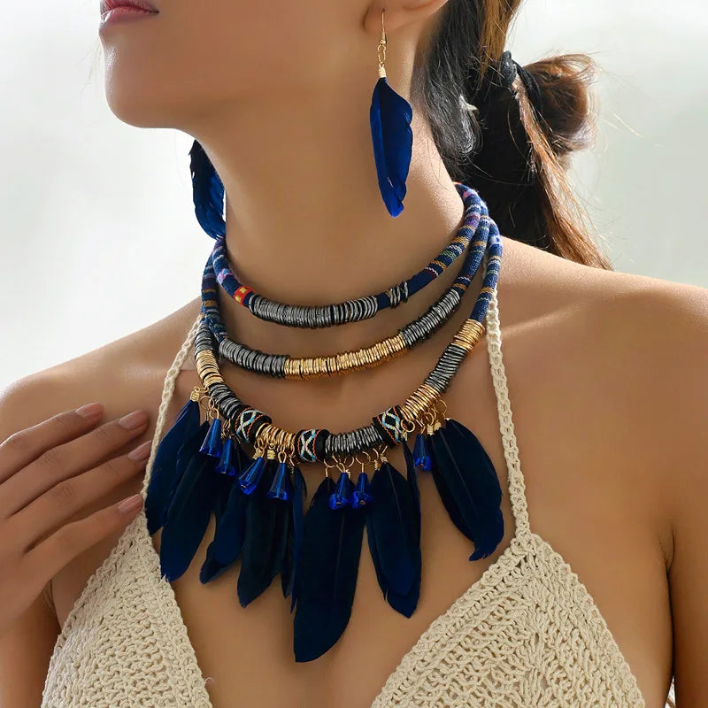 Fashion Vintage Ethnic Feather Choker Necklace Earrings Set For Women Multilayer