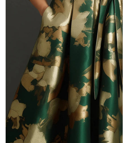 Floral Printed Satin Plus Size Dress for Women Sexy V-Neck Pleated A-Line  Casual Half Sleeve Midi Dress