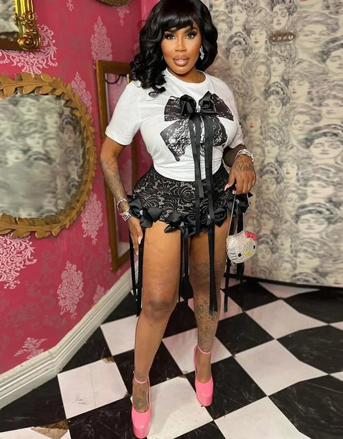 Load image into Gallery viewer, Women&#39;s Set Bow O-Neck short sleeve Tops and lace Shorts Set Casual Two 2 Piece Outfits
