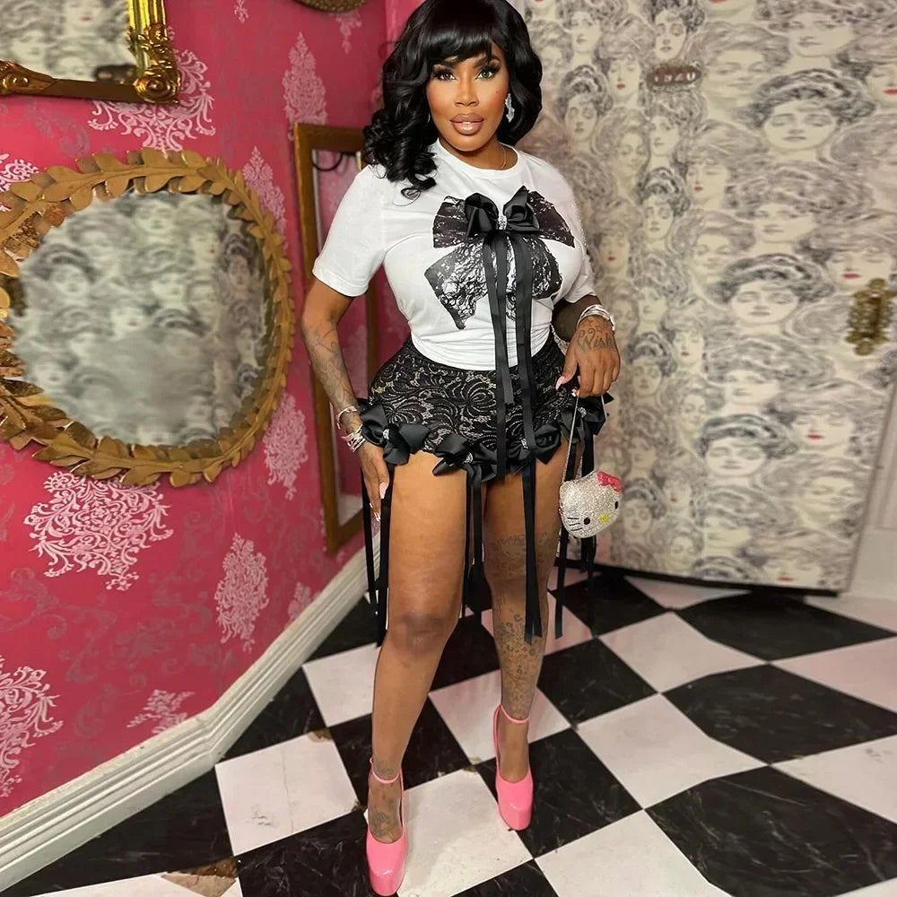 Women's Set Bow O-Neck short sleeve Tops and lace Shorts Set Casual Two 2 Piece Outfits