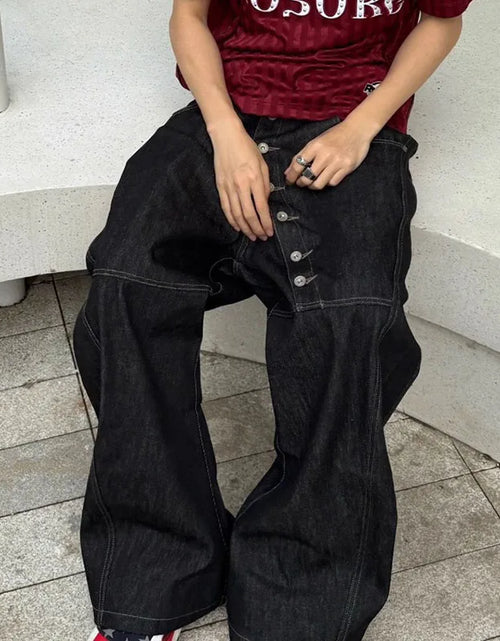 Load image into Gallery viewer, Men's High Street Buckle Curved Jeans Loose Straight Leg Black Wide Leg Casual Hip-Hop Pants Full Length Softener Mid-Waist
