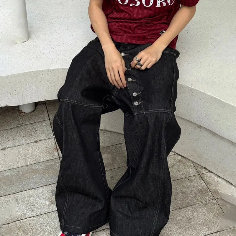 Men's High Street Buckle Curved Jeans Loose Straight Leg Black Wide Leg Casual Hip-Hop Pants Full Length Softener Mid-Waist