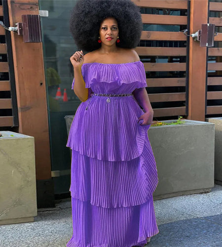 Plus Size  Dress Women Solid Off Shoulder Pleated  Fashion Chiffon Maxi Dresses