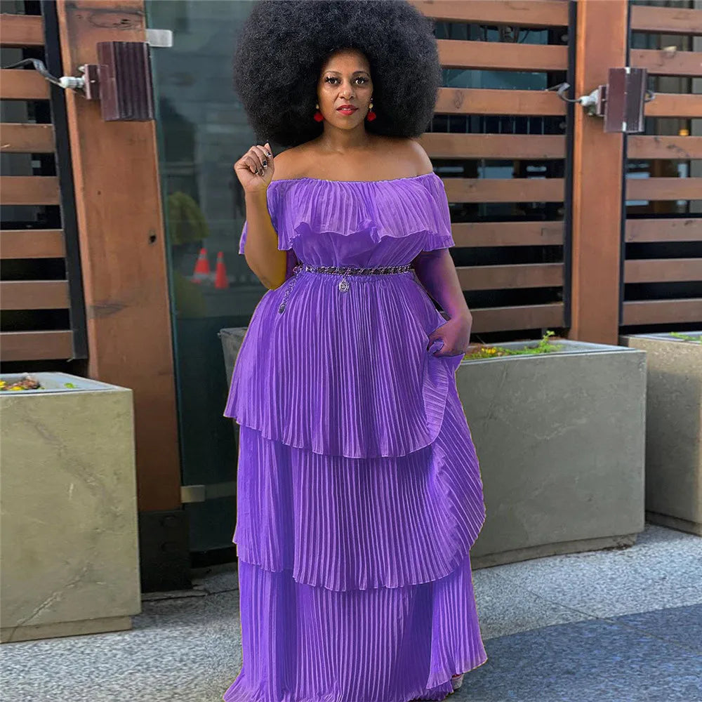 Plus Size  Dress Women Solid Off Shoulder Pleated  Fashion Chiffon Maxi Dresses