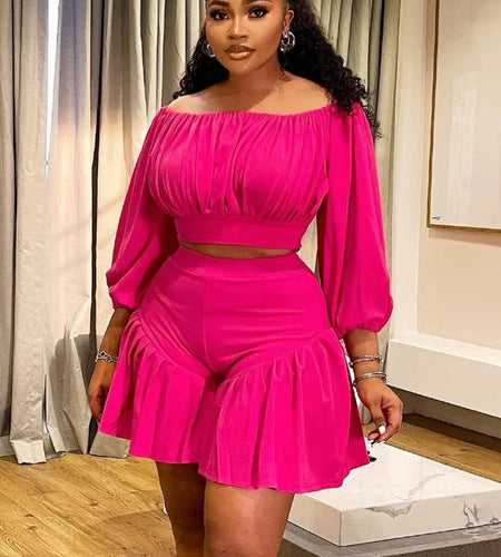 Plus Size Women's Set Long Sleeve Slash Neck T-Shirt and Shorts 2025  Two 2 Piece Set Outfits