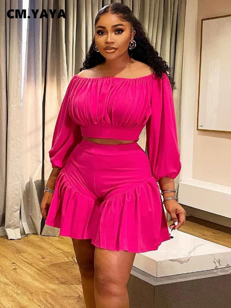 Plus Size Women's Set Long Sleeve Slash Neck T-Shirt and Shorts 2025  Two 2 Piece Set Outfits