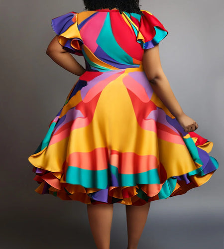 Pleated A-Line Ruffle Dress Plus Size Vintage Multicolor Round Neck Petal Sleeve Short Sleeve Elegant Sweet Satin Midi Dress