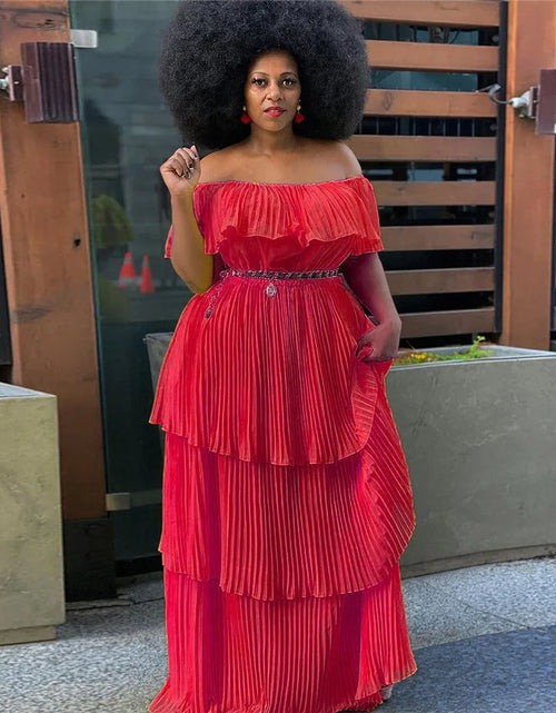 Load image into Gallery viewer, Plus Size  Dress Women Solid Off Shoulder Pleated  Fashion Chiffon Maxi Dresses
