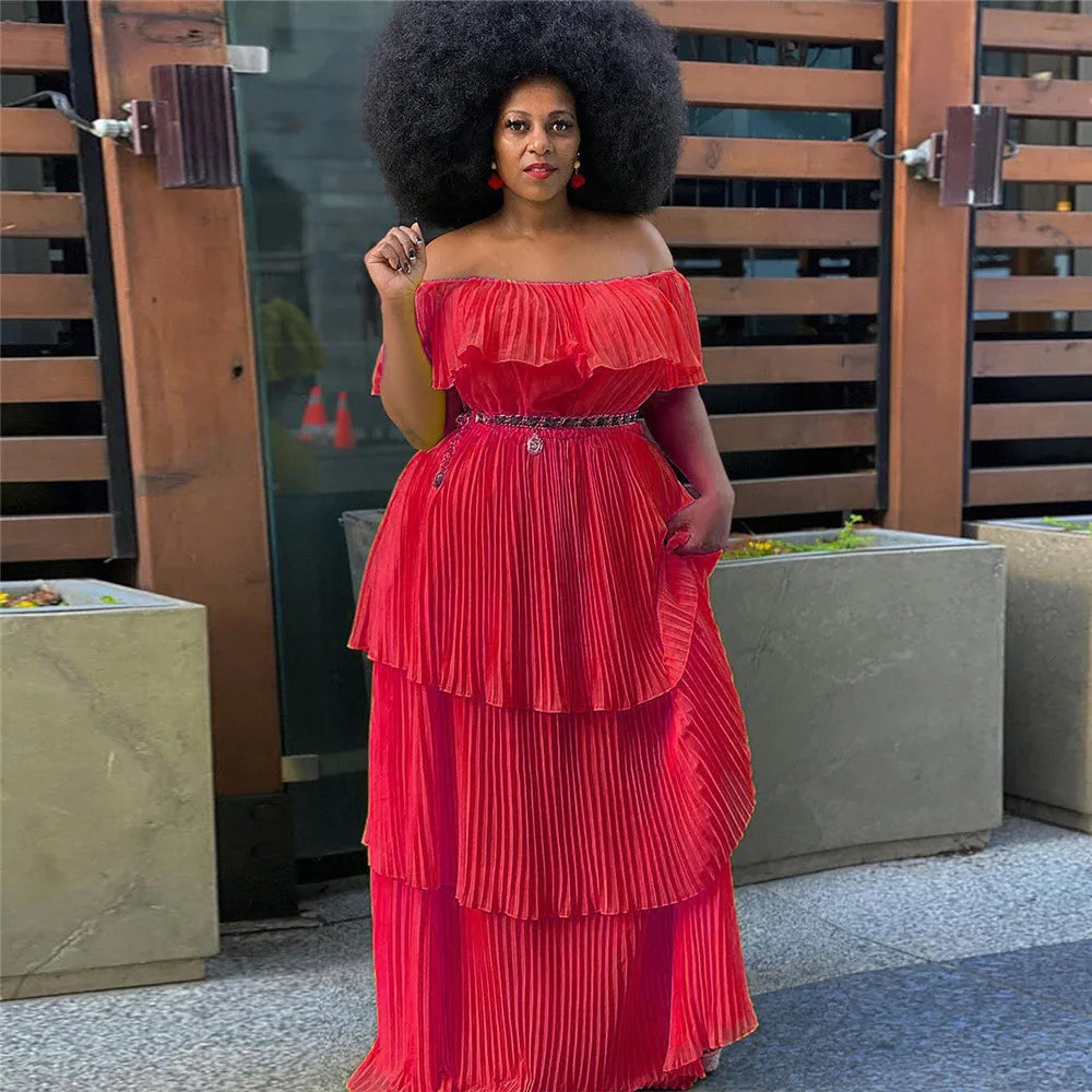 Plus Size  Dress Women Solid Off Shoulder Pleated  Fashion Chiffon Maxi Dresses
