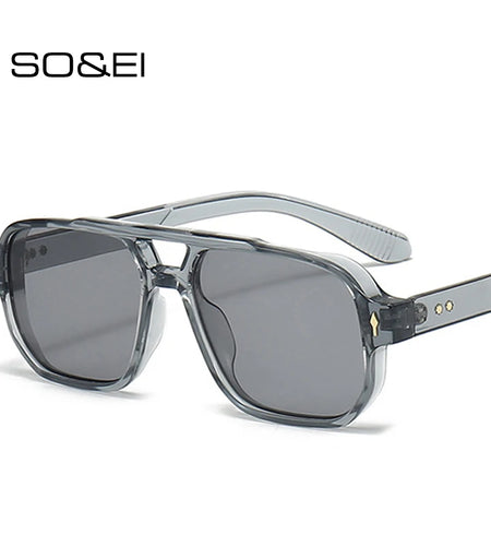 Vintage Double Bridges Men Square Sunglasses Fashion Clear Ocean Lens Eyewear  Trending Rivets Sun Glasses UV400