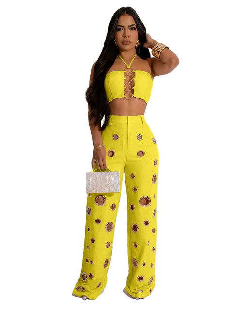 Load image into Gallery viewer, Sexy Solid Hole Wide Leg Pants Streetwear Women Halter Sleeveless Backless Crop Top And Pants Two Piece Sets Outfits
